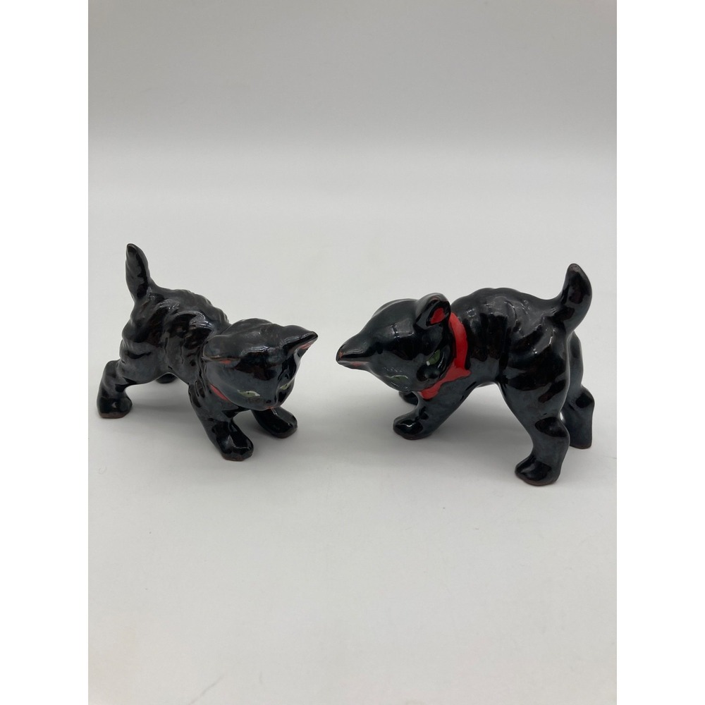 Vintage Mid Century Ceramic Black Cat Figurines Red Collar Green Eyes Pair